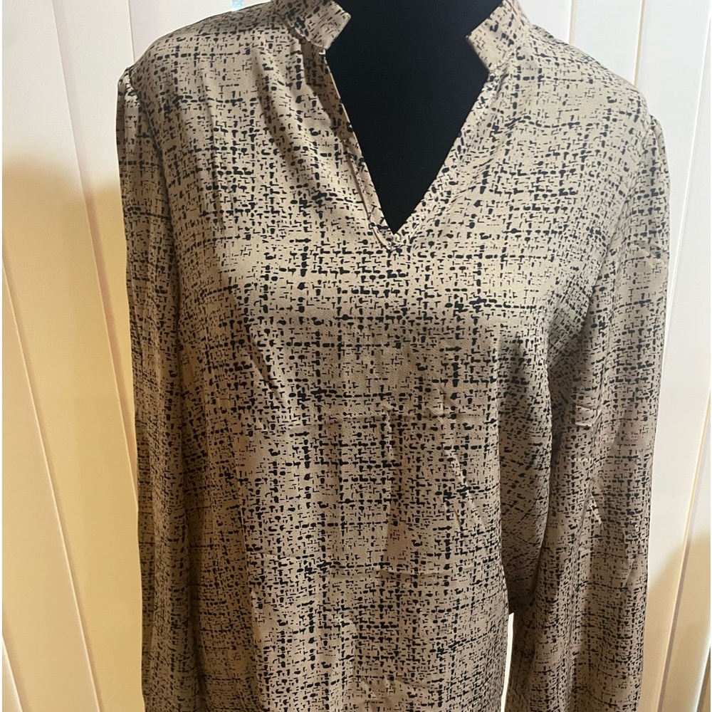 Tan and black print blouse